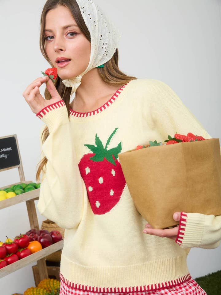 STRAWBERRY MOTIF CONTRAST STITCH KNIT PULLOVER for wholesale by MINE