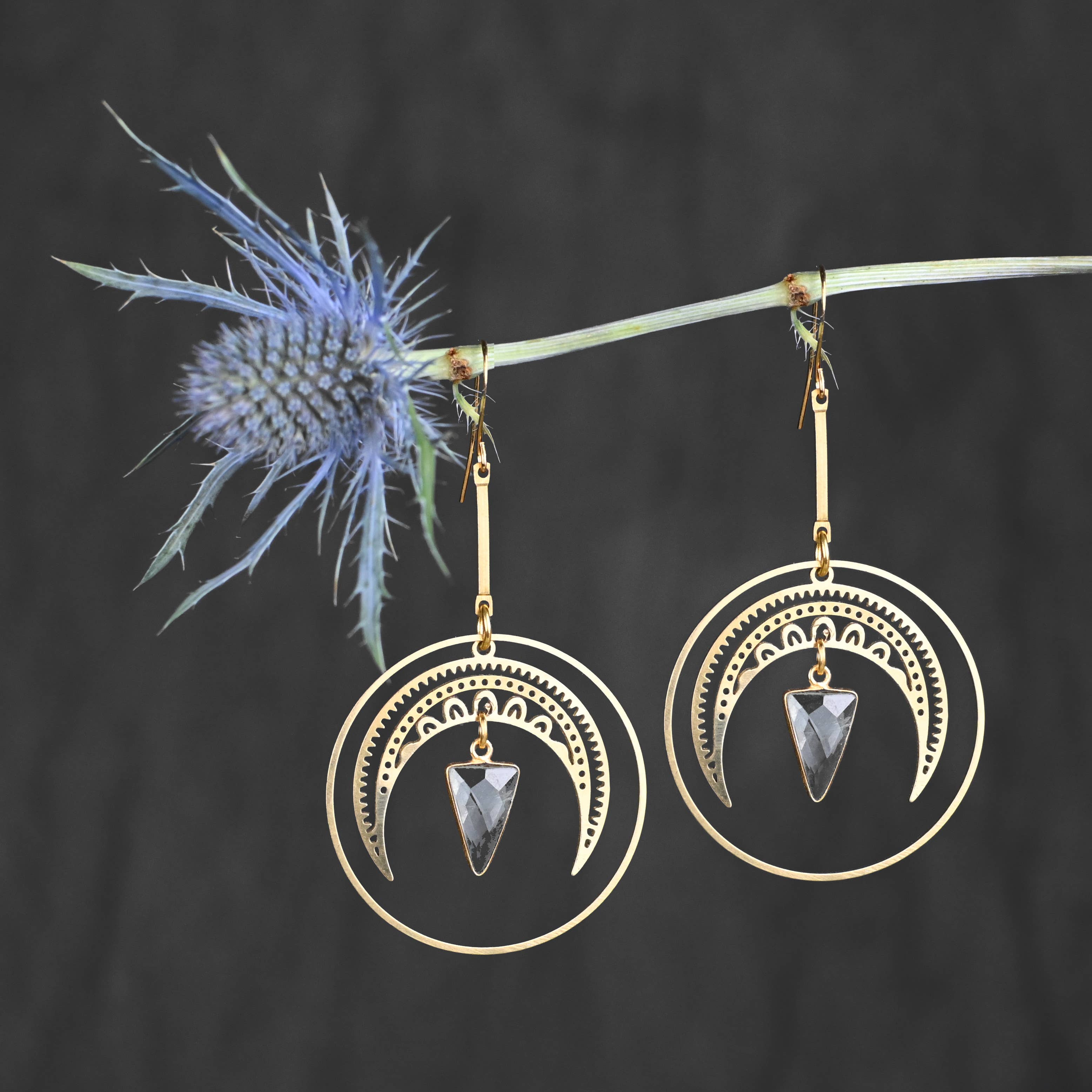 KBD Studio - Wholesale Dangle Earrings - Lace Moon Hoop w/ Triangle Gemstone Triangle Drop Earrings3