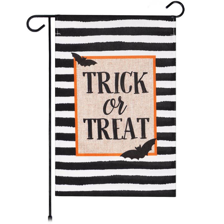 G128 Garden Flag Halloween Decoration Trick or Treat Bats and Black and White Stripes 12"x18" Burlap Polyester for wholesale by G128