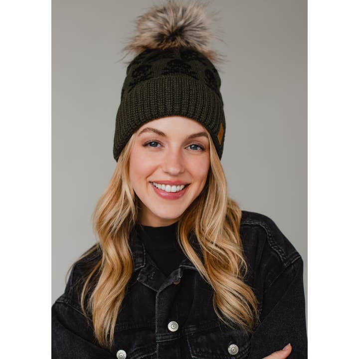 Panache Apparel Co. – wholesale Beanie – Women's – Olive Skull Pattern Pom Hat3