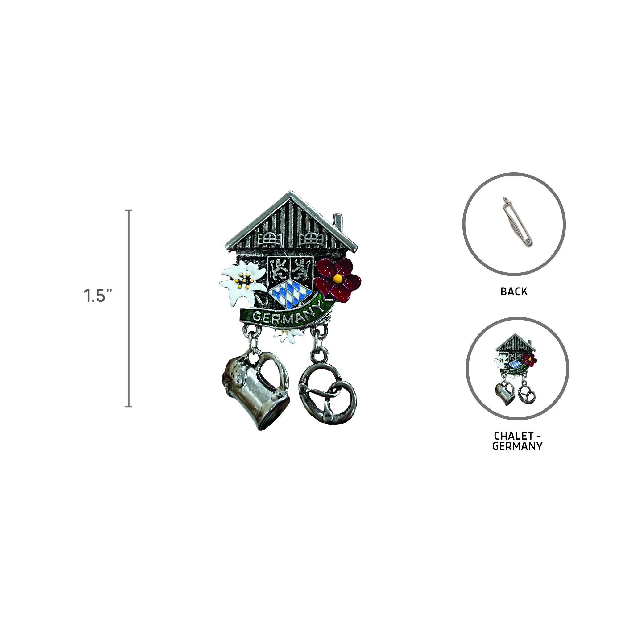 European Heritage Gifts - Vente Épinglettes/boutons - Épinglette à chapeau en métal pour l'Oktoberfest, chalet allemand avec fleurs1