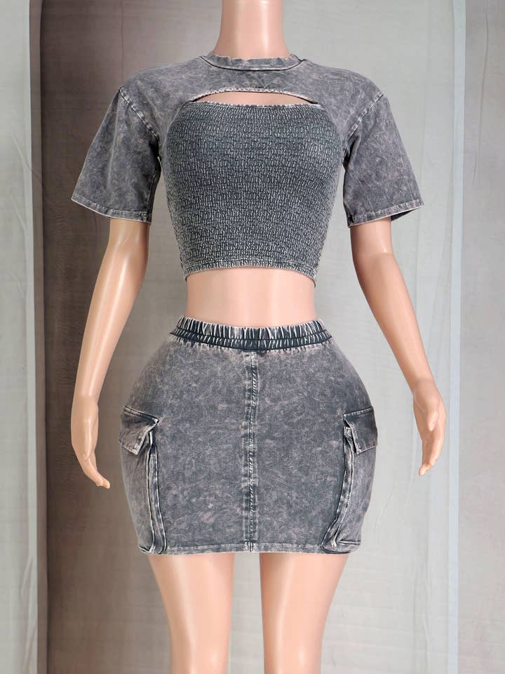 Dalia Studio - Wholesale Top & Skirt Set - Women's - MINERAL WASH CUT-OUT JERSEY TOP & CARGO MINI SET