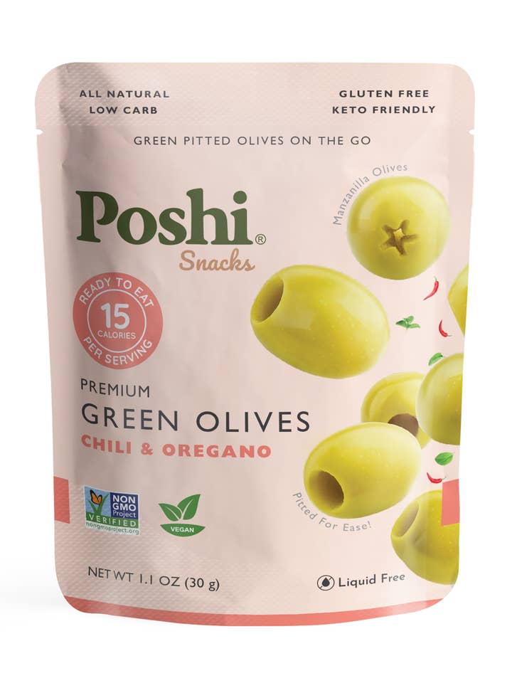 Poshi Snack - Chili & Oregano Pitted Green Olives 1.1oz/10ct for wholesale by POSHI