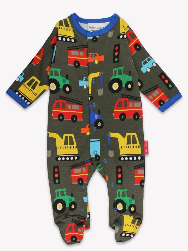 Babygrow de algodão biológico com pés e estampado de veículos por atacado de Toby Tiger GmbH