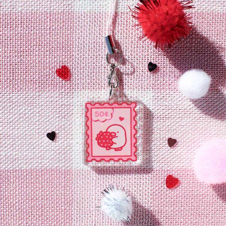 Lemon Strawberry Stamp • Glittery Mini Keychain for wholesale by Sam’s Scribbles