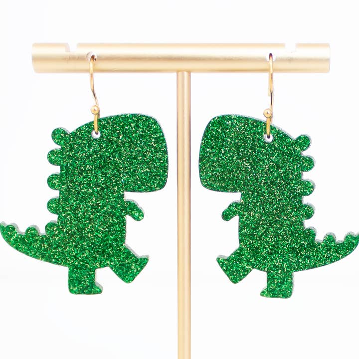 Dinosaur Earrings, Green Glitter Acrylic Dangles Handmade for wholesale by Momenti di Vita