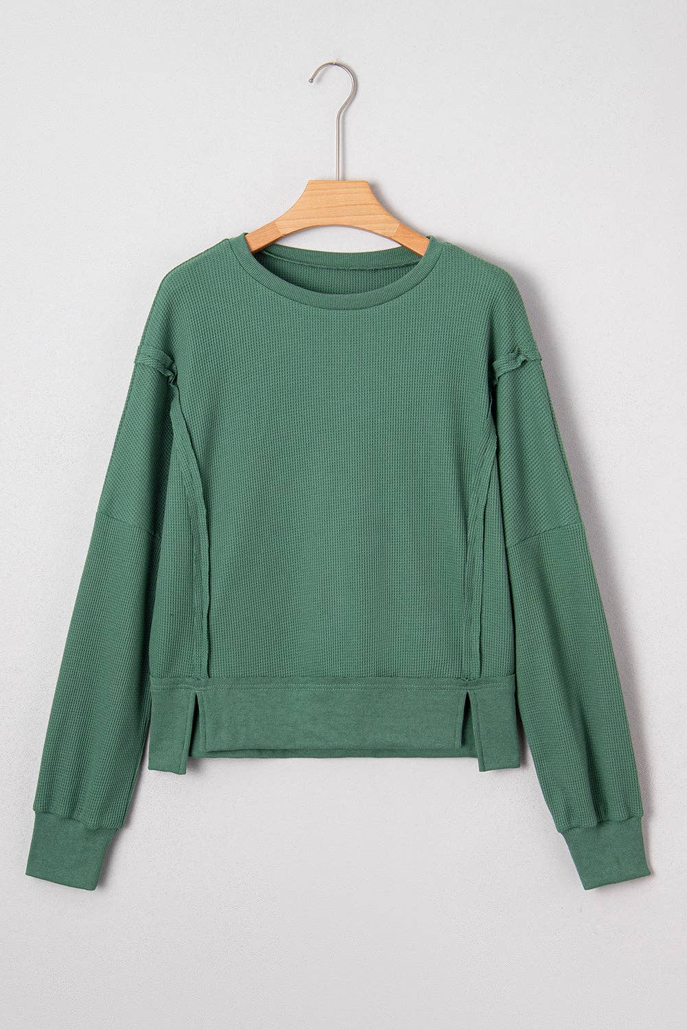 Evergreen Solid Color Raw Seam Patchwork Ribbed Drop Shoulder Sweatshirt for wholesale on Faire0