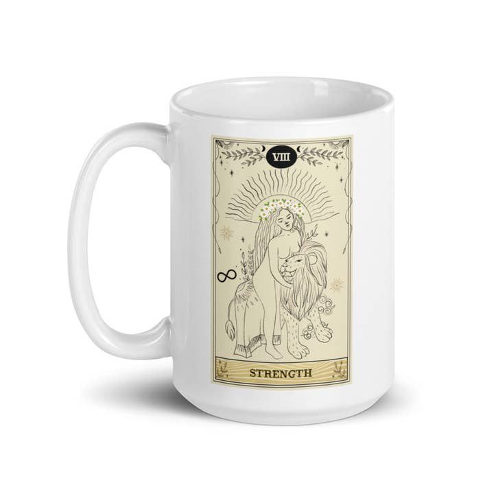 Strength Tarot Card #8 Coffee Mug 15 oz. Woman and Lion. for wholesale by Goddess Swag™