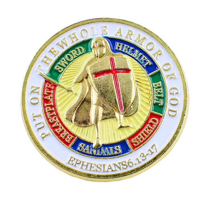 Épingle de revers plaquée or "Revêtez-vous de l'armure complète de Dieu" pour la vente par Blinkee.com, LLC