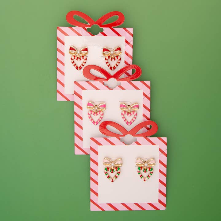 SP Sophia Collection - Wholesale Stud/Post Earrings - Christmas Striped Candy Enamel Bowed Heart Post Earrings3