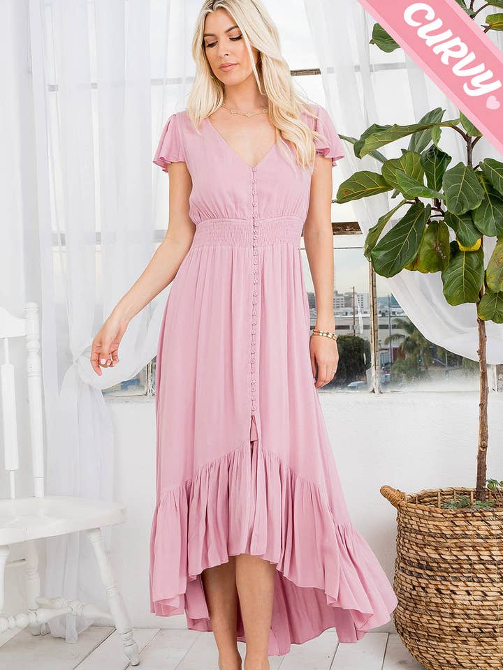 SW611PL BUTTON DOWN MIDI HI-LOW DRESS for wholesale by Sweet Lovely by Jen