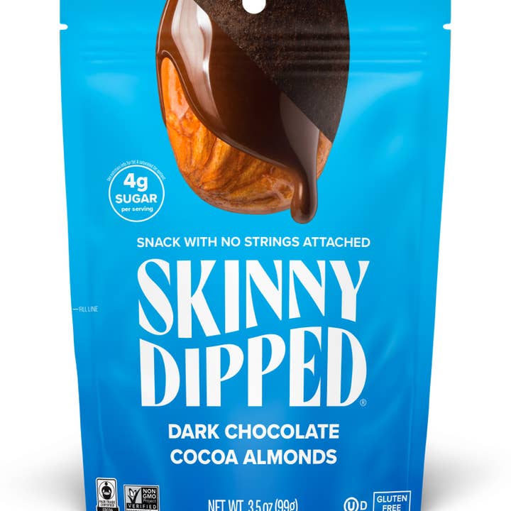 SkinnyDipped - Wholesale Chocolate Covered Sweets - Dark Chocolate Cocoa Almonds Pouch, 3.5oz