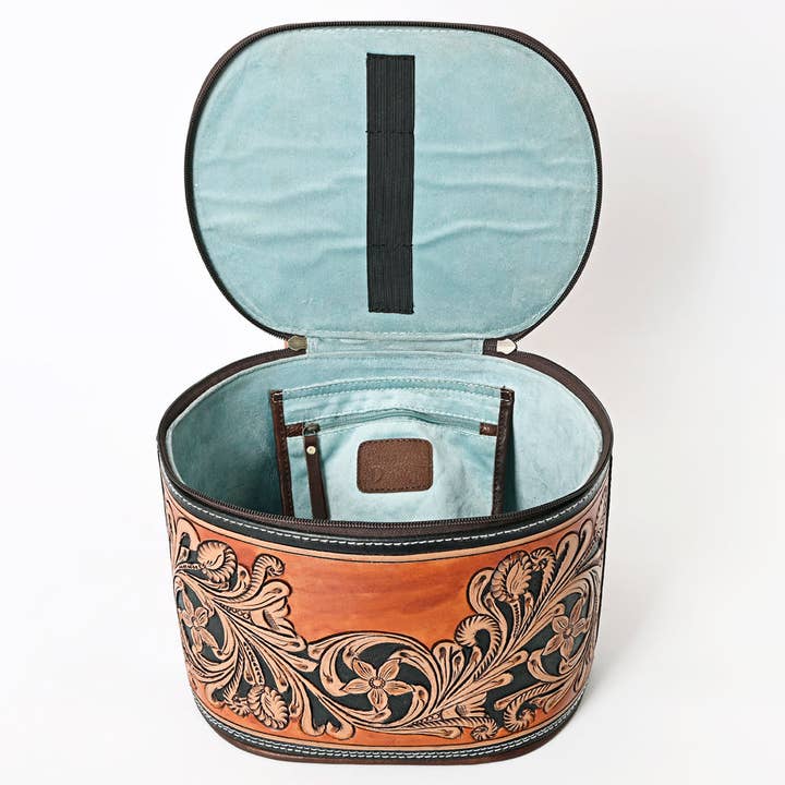 LS Western - Wholesale Make-up/cosmetic bag - ADBGA345 Hand-Tooled Leather Makeup Case with Floral Carving and Handle Western Vanity Organizer6