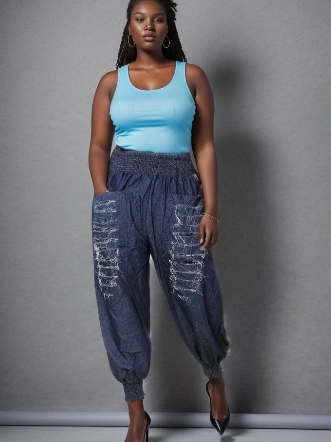 Pantalon à poche vieilli en denim 100 % coton pour femmes - 7799D pour la vente par KaraChic