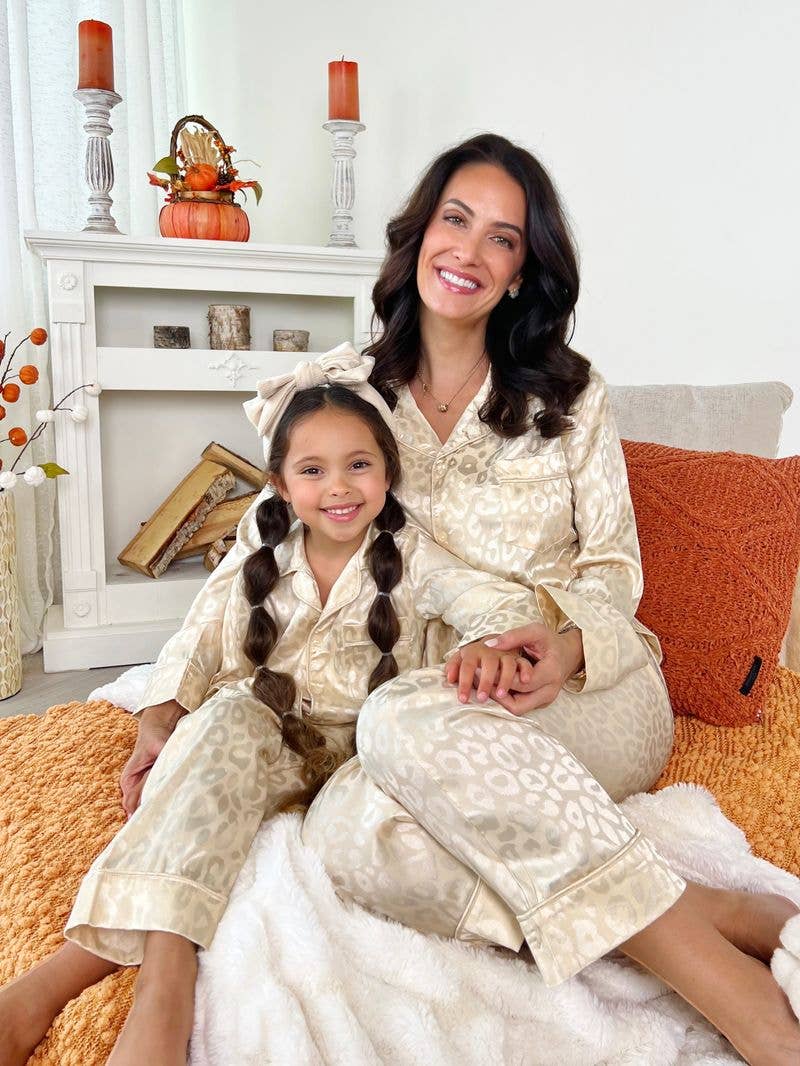 Mommy and Me Cream Leopard Print Silk Pajama Set for wholesale on Faire