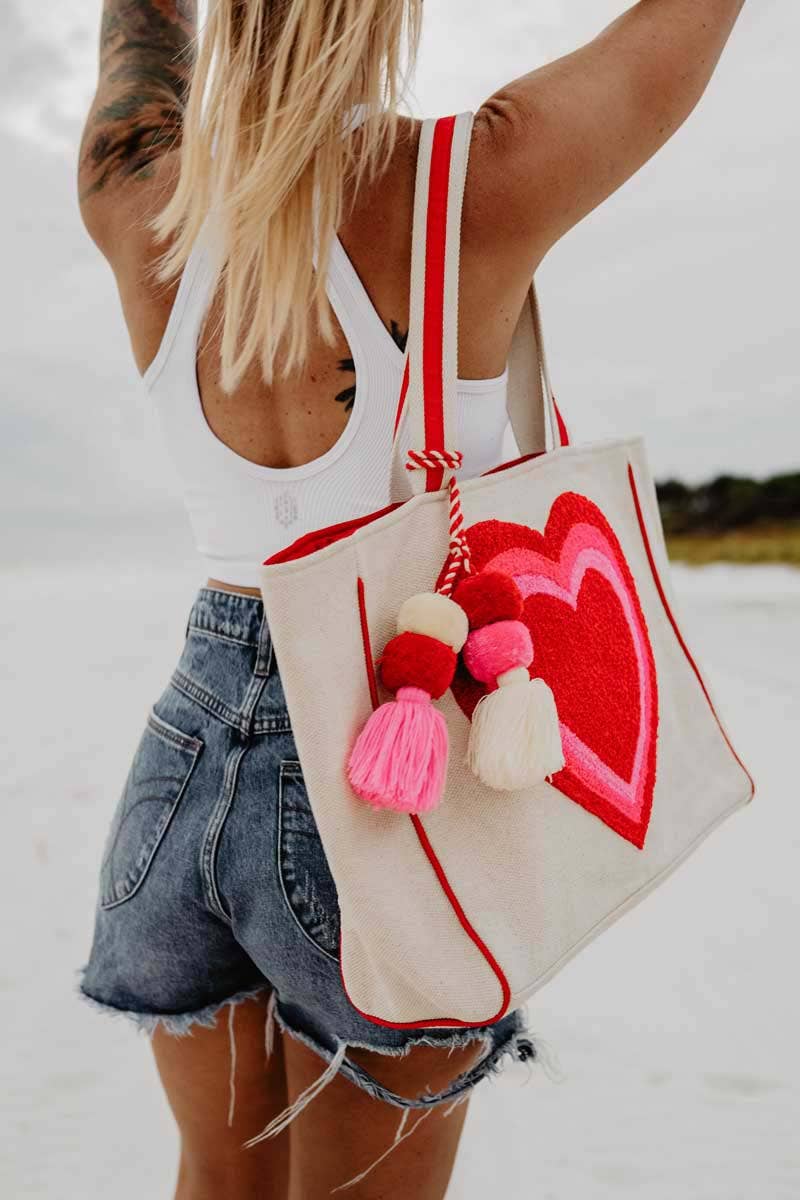 Beige Canvas Beating Heart Chenille Beach Bag Tote for wholesale on Faire5