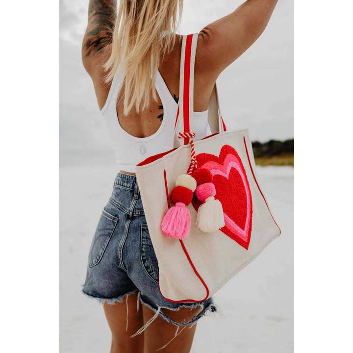Beige Canvas Beating Heart Chenille Beach Bag Tote for wholesale on Faire5