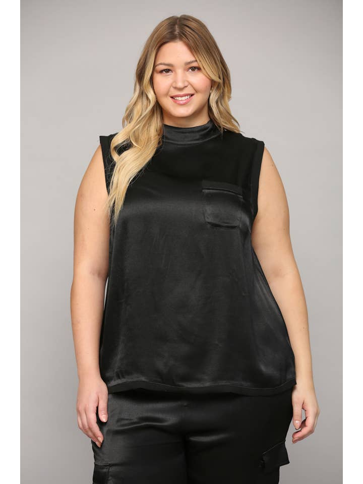 BLACK SLVL SATIN TOP WITH RIBBED TRIM FT3177P for wholesale on Faire