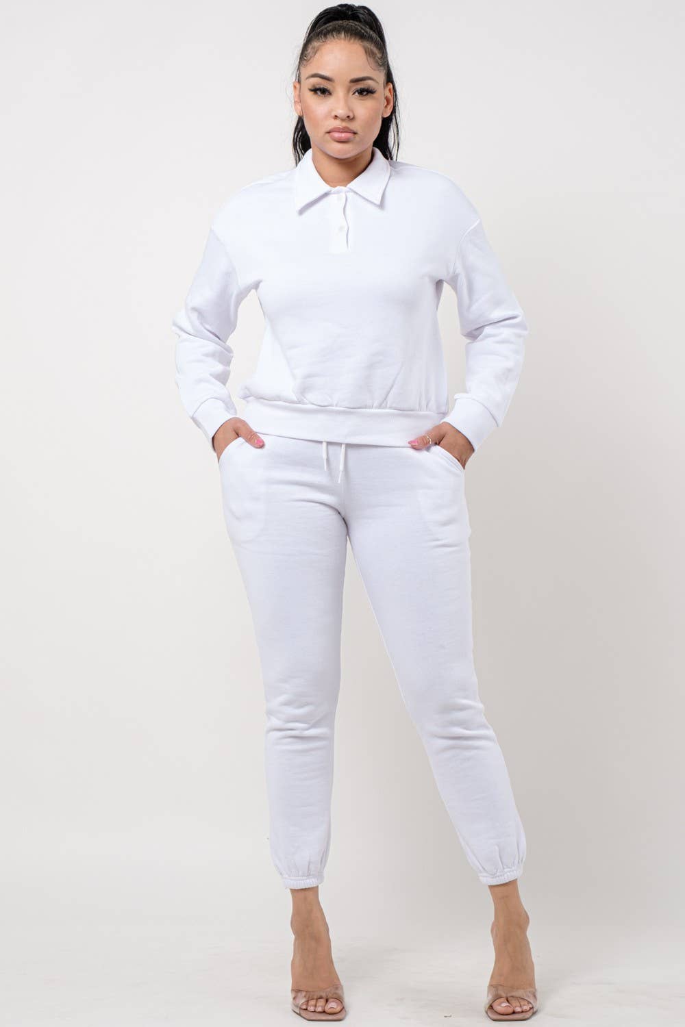 Boswell – wholesale Lounge set – Women's – Solid Jogger Set With Collar Long Sleeve Top0