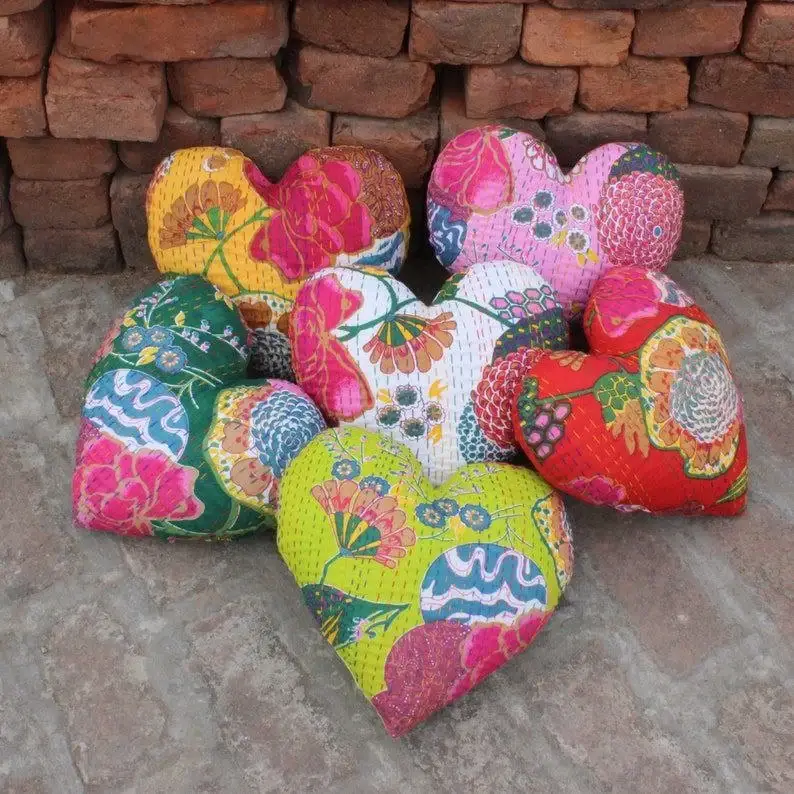 Bhawana Handicrafts - Wholesale Throw/Decorative Pillow - 5 Piece Lot, Handmade Heart Throw Pillow Kantha Pillow With 0