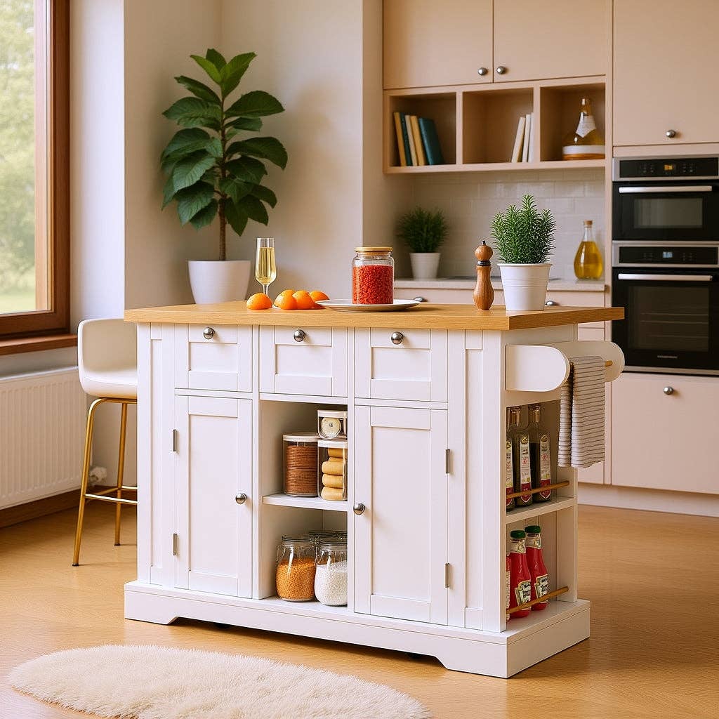 Urban Meuble - Wholesale Kitchen Storage/Organizer - White kitchen island with wood effect, extendable top, storage, and USB ports AMYLOPECT1