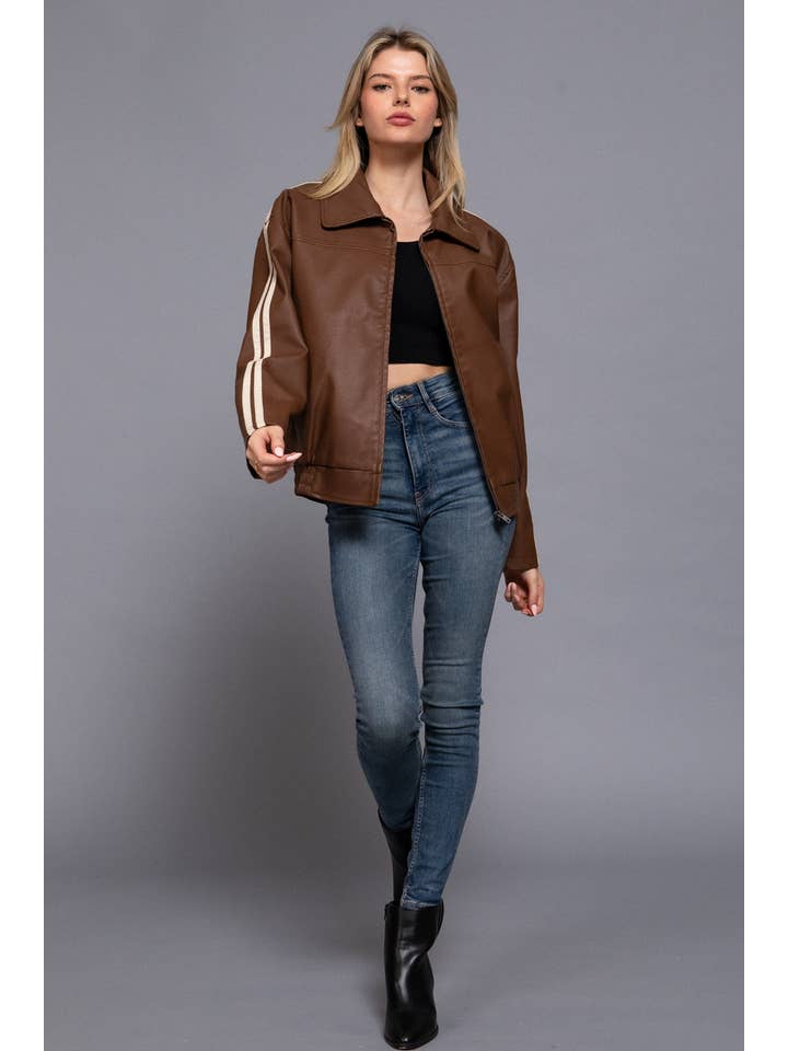 Active Basic | Active USA - Wholesale Leather Jacket - Women's - Long Sleeve Line Detail Faux Leather Jacket3