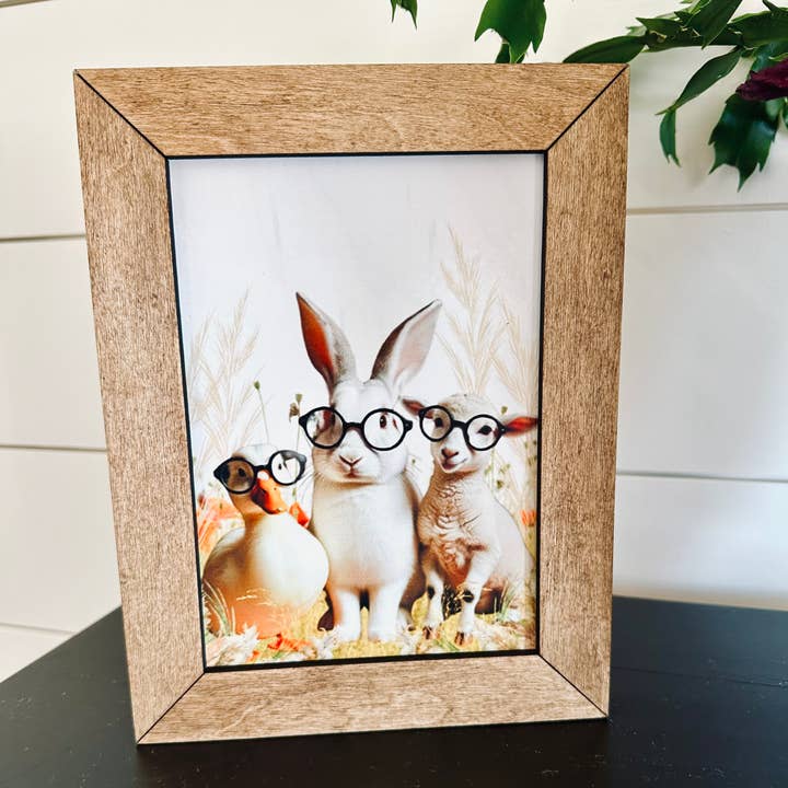 6.5x8.5” Framed Trio of Farm Friends in Glasses for wholesale by Farmhouse Decor & Co.