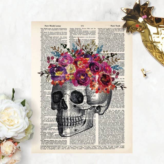 Blue Twist & Co - Vendita all'ingrosso Stampa artistica - Incisione a teschio con fiori ad acquerello nei toni del rosa1