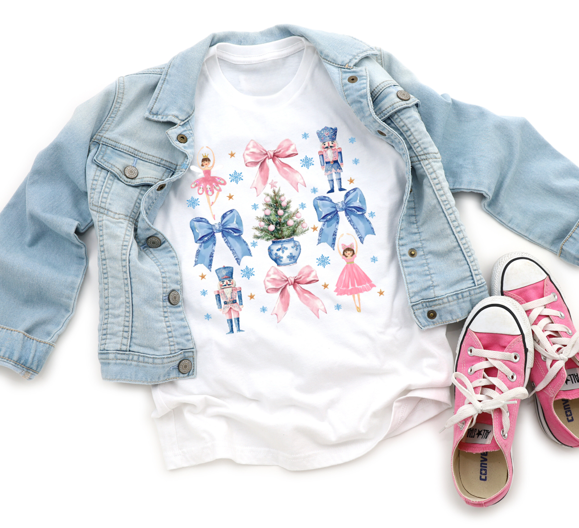 AvaryMaeInspirations - Wholesale Screen Printed T-Shirt - Kids - Coquette Bows and Nutcracker Girls Christmas Tee Shirt3