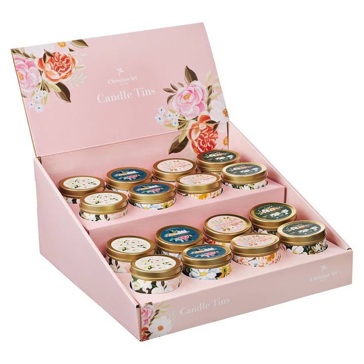 Christian Art Gifts - Wholesale Jar/Filled Candle - Merchandiser Tin Candles 16 pc Assorted Florals