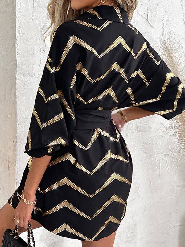 NEGRO Minivestido camisero de manga larga, holgado, elástico, a rayas, con solapa en la cintura de venta al por mayor en Faire4