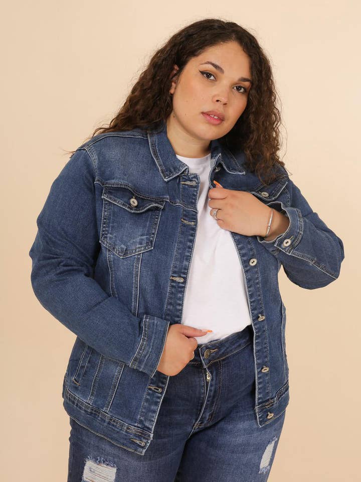 Plus Size G Smack Blue Mega Stretch Denim Jacket for wholesale by DenimVista