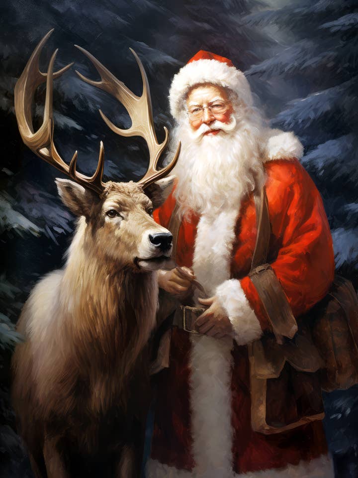 Classic Christmas Santa and His Reindeer 3 for wholesale by Singing Crow Studio - Classic Christmas Art Prints