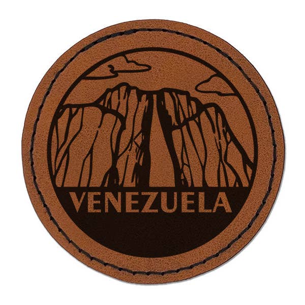 Venezuela Angel Falls Country Destination Round Iron-On Engraved Faux Leather Patch Applique - 2.5 Inch - Brown for wholesale by Sniggle Sloth