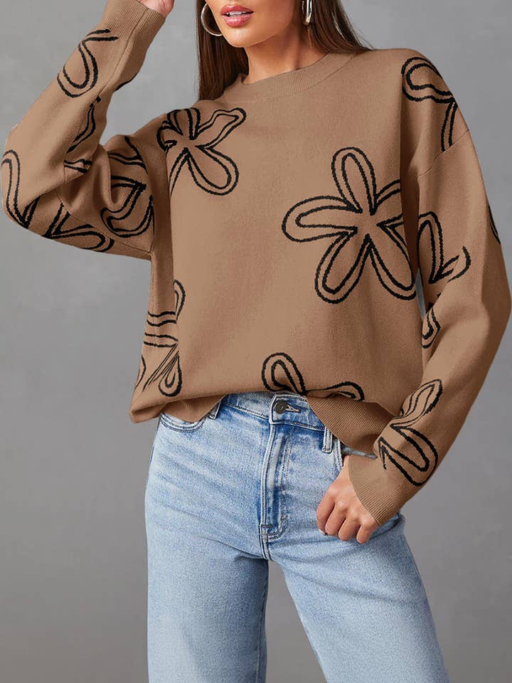 Oversized Brown Sweater with Abstract Flower Pattern for wholesale by Suhkasana