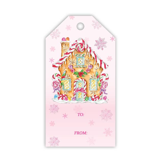 Handpainted Gingerbread House with Candy Pink Gift Tag for wholesale by RosanneBeck Collections