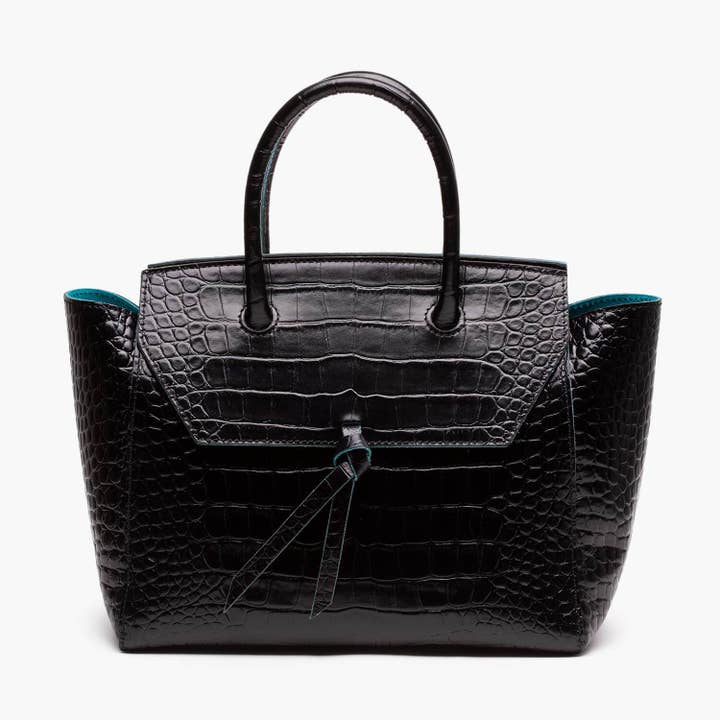 Loren Midi Leather Tote Bag - Black Croc Print for wholesale by ALEXANDRA DE CURTIS
