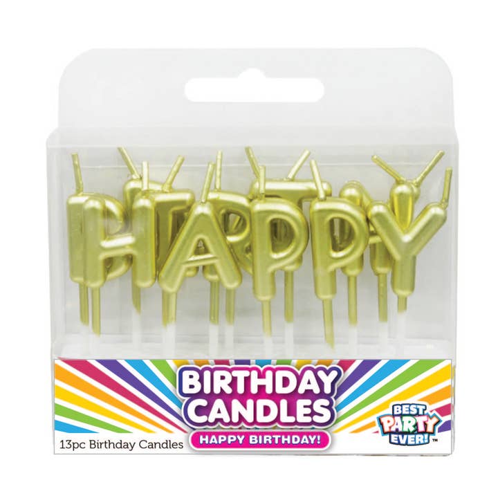 Bougies d'anniversaire avec lettre métallique dorée Happy Birthday pour la vente par JFL Enterprises