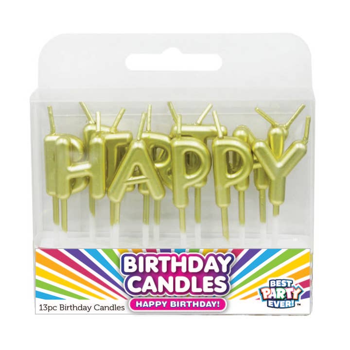 Happy Birthday Gold Metallic Letter Birthday Candles for wholesale by JFL Enterprises