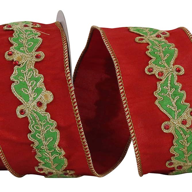 Holly Leaf Jewel Embroidery Overlay Dupioni Wired Edge for wholesale by RELIANT RIBBON