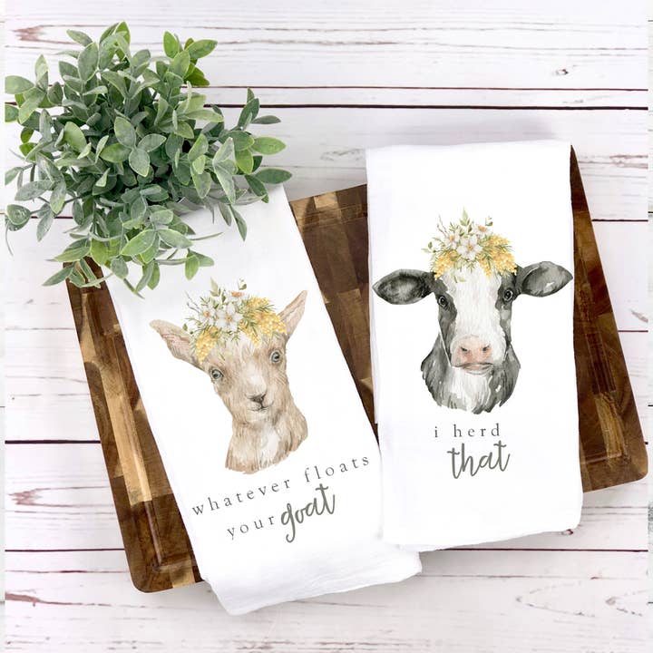 Cotton Tea towel Set | cow and goat tea towels | funny spring tea towel set home decor for wholesale by ZA Handmade Wholesale