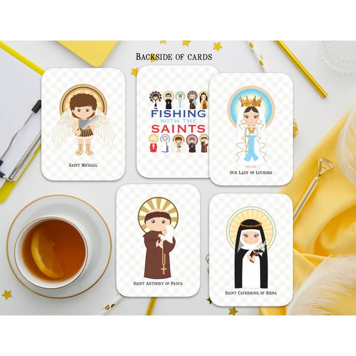 Meyer Market Designs - Wholesale Learning Cards - Kids & Baby - Fishing with the Saints Game Card Set. Set of 48 (12 saints) Saint Matching Game. First Communion Gift. Baptism Gift. Catholic Gift.