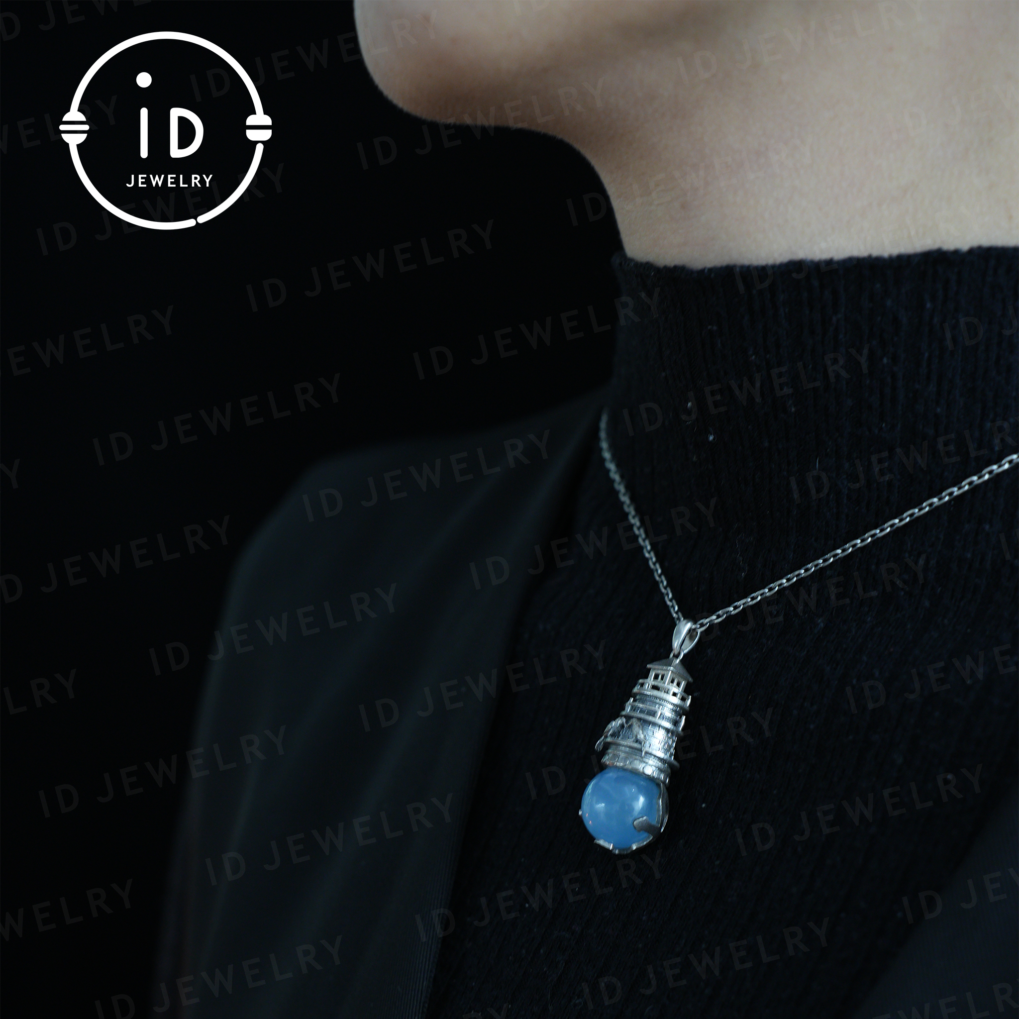 idjewelry – wholesale Individual charm/pendant – Handmade Lighthouse Pendant | Gothic Amulet with Aquamarine | Mystic Ravens | Magical Protection Jewelry | Vintage Fantasy Style6