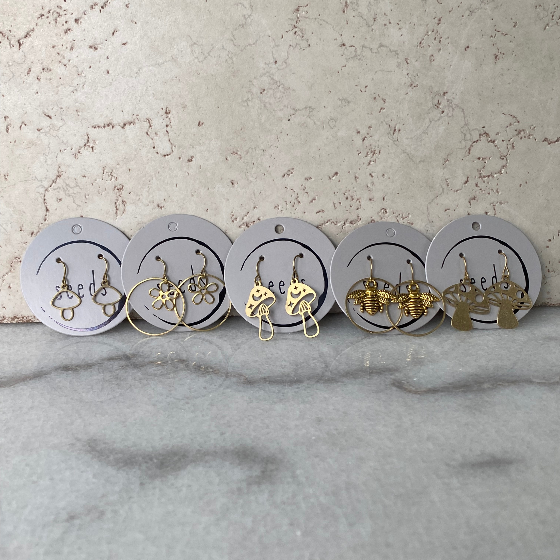 Seeds - Wholesale Dangle Earrings - Nature Charm Earrings | Mushrooms Bees Flowers Brass6