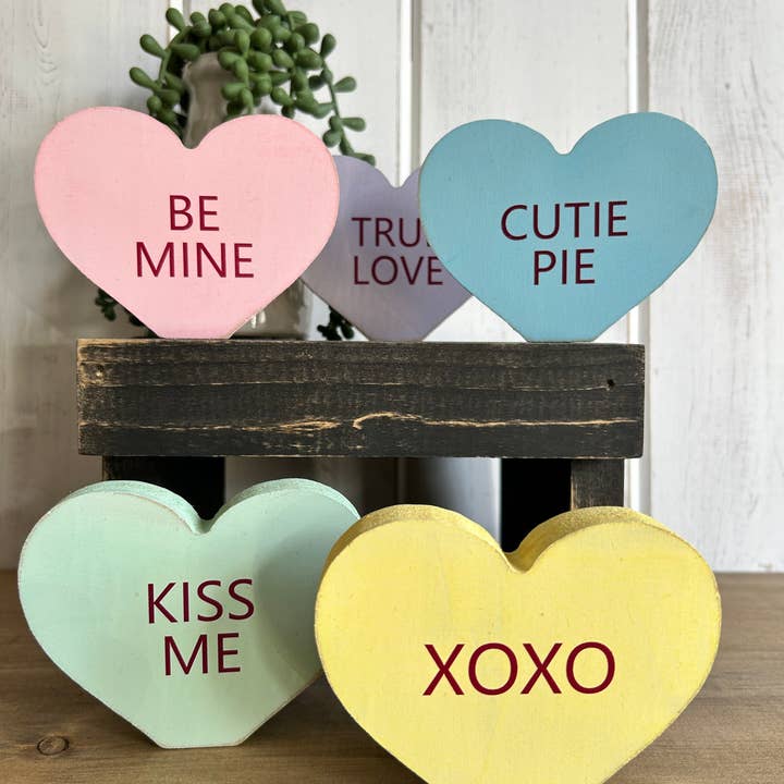 Wood Candy Hearts - Valentine’s Day Decor - Set of 5 for wholesale by Inkwood Crafters