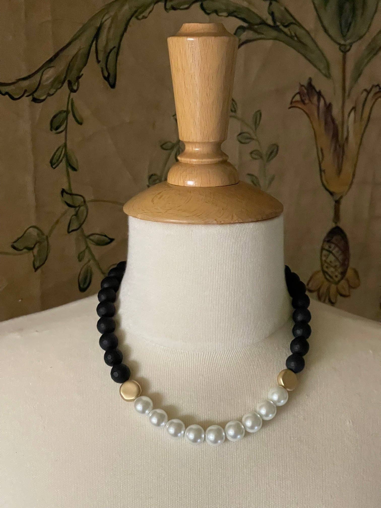 Deborah Grivas Designs - Wholesale Beaded/Pearl Necklace - Black Onyx Necklace With Front Glass Pearl and Gold Bead Accents2