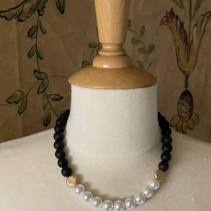 Deborah Grivas Designs - Wholesale Beaded/Pearl Necklace - Black Onyx Necklace With Front Glass Pearl and Gold Bead Accents2