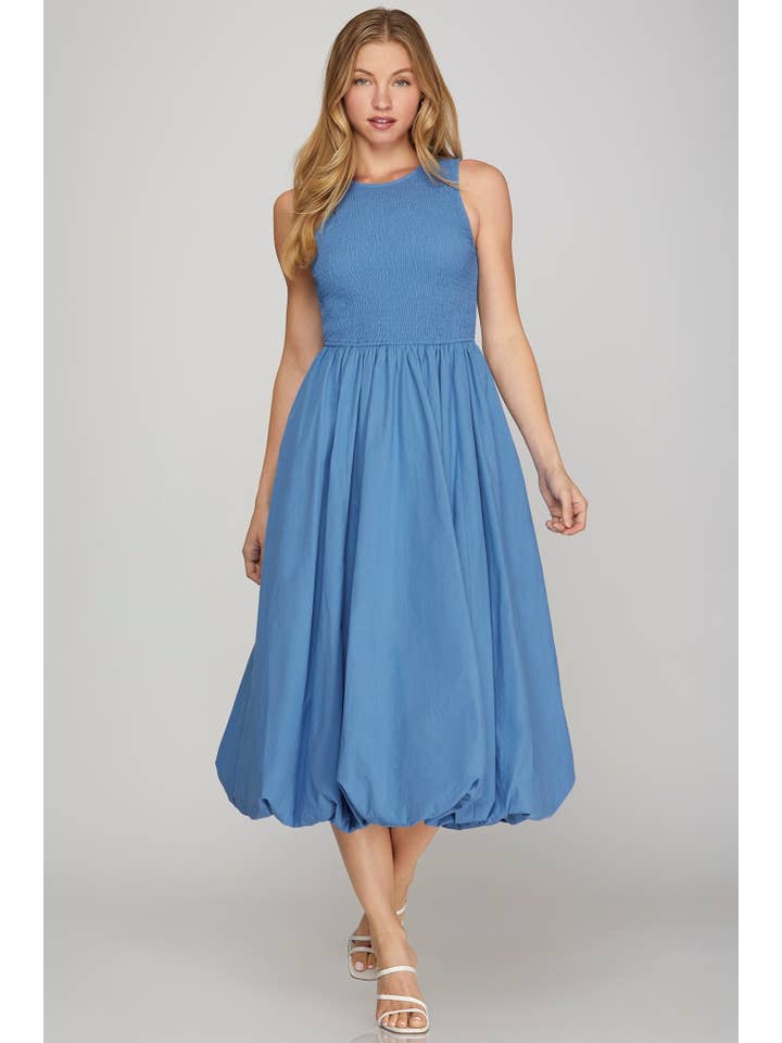 Peace Love Line - Wholesale Dress - Women's - PL6295 - SMOCKED TOP WOVEN MIDI BUBBLE DRESS