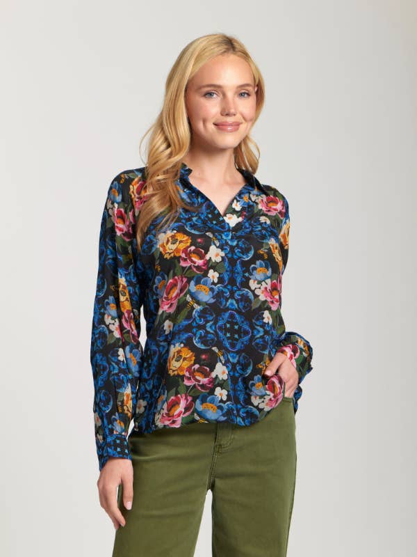 Half-Placket Pullover Blouse - Blue Multi for wholesale by APNY