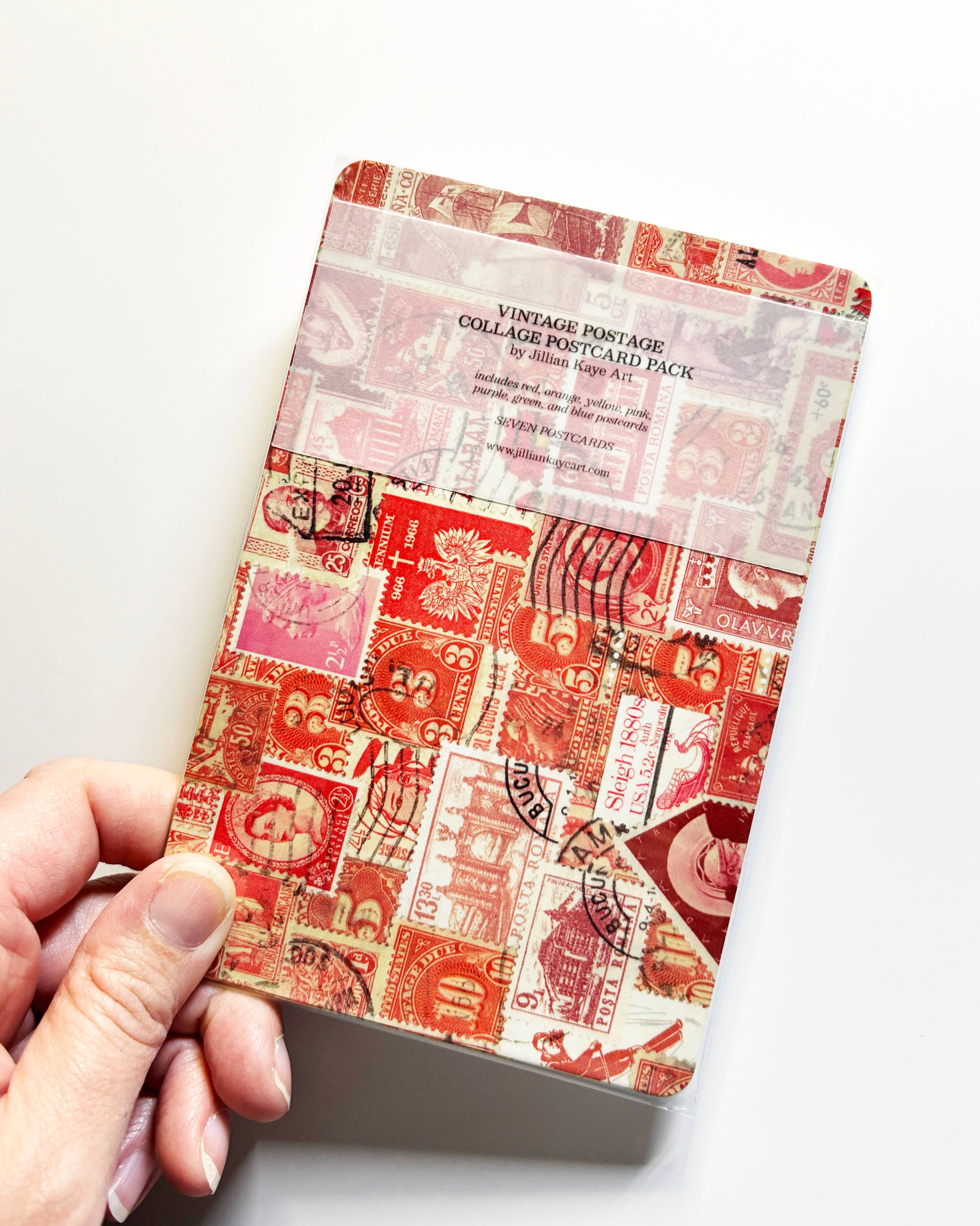 Jillian Kaye Art - Wholesale Postcard Set - Rainbow Vintage Postage Collage 4x6 Postcard Pack1